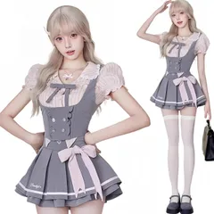 新品 [Ligwon] 地雷系 服 制服 コスプレ ゴスロリ JK制服 上下セット かわいい ミニスカート レディース ファッション ピンク グレー 原宿系 韓国系 春 夏 秋 ハロウィーン クリスマス (S)