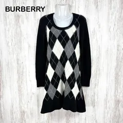 BURBERRY BLUE LABEL バーバリーブルーレーベル ホースロゴ刺繡 アーガイルチェック ウール アンゴラ カシミヤ ロングスリーブ ニットワンピース ブラック