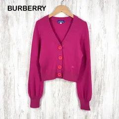 美品 BURBERRY BLUE LABEL バーバリーブルーレーベル ホースロゴ刺繍 ノバチェック カシミヤ ウールニット ロングスリーブ カーディガン ピンク レディース 長袖 トップス