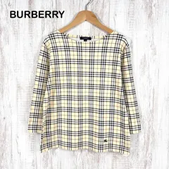 美品 BURBERRY LONDON バーバリーロンドン ホースロゴ刺繡 ノバチェック ストレッチ 七分袖 カットソー クリーム レディース トップス 大きいサイズ