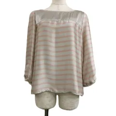 ロペピクニック ROPE Picnic ブラウス プルオーバー ラウンドネック サテン 光沢 ボーダー 七分袖 38 ベージュ ピンク