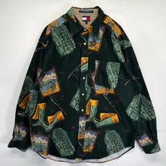 古着 90's/90年代 トミーヒルフィガー TOMMY HILFIGER 長袖シャツ ネルシャツ 柄 フィッシングプリント ワンポイントロゴ L  グリーン系 メンズ