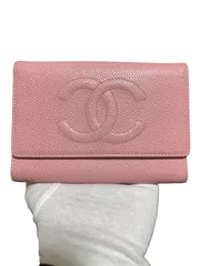 【美品】 CHANEL シャネル 長財布 キャビアスキン ココマーク ピンク フラップ レザー レディース ウォレットA13225 三つ折り財布　シリアルシール