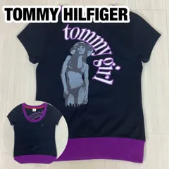【美品】【希少】tommy girl トミーガール バックプリント 半袖Tシャツ S ブラック&パープル 刺繍ロゴ ワッペン フレンチスリーブ 着丈52.5cm 肩幅36.5cm 身幅(脇下)37.5cm 袖丈11cm【古着】のサムネイル