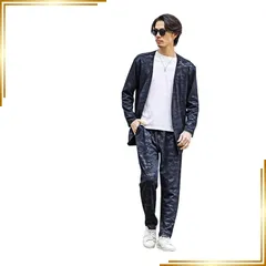 【新品】 [サムディフ] 総柄カレンダー加工 セットアップ ノーカラーカーディガン テーパードパンツ メンズ 上下2点セット ノーカラージャケット 総柄 ロゴ 大人 軽量 ストレッチ 秋 春 テーラードジャケット joker ジョーカー XL ネイビー 1