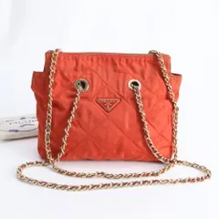 美品 プラダ テスート ナイロン キルティング チェーン ショルダーバッグ 斜め掛け オレンジ ハンド レディース EWM DT18-3【中古】