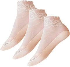 One Drop ワンドロップ シースルーソックス フラワーレース柄 透明 ショートクルー丈 パンプス 3足セット レディース 靴下 (ベージュ, Free Size)