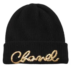 CHANEL シャネル ニットキャップ ビーニー ニット帽 AA8313 ココマーク カシミヤ スパンコール ブラック ゴールド 美品 中古 4b012373