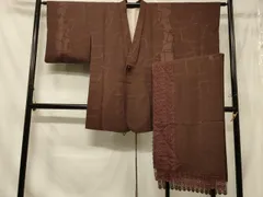 平和屋着物＃道中着　幾何学地紋　赤褐色　さが美扱い　ショール付き　ロング丈　正絹　逸品　CABE5341in