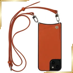 【新品】 栃木レザー 本革 スマホケース iPhone 13 互換性 対応ケース スマホショルダー ショルダーケース カード収納 ロングストラップ (オレンジ) 0