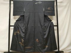 訪問着 フルセット 着物 正絹 平安時代 刺繍 御所車 金彩加工 黒紺 D2