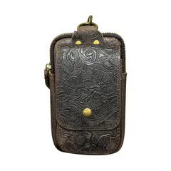 【新品】 XFSウエストポーチ メンズ 本革 レトロ スマホポーチ カラビナ付き スマホ対応 2室 携帯ポーチ タバコケース 煙草入れ ライター ジッポ たばこ シガレットケース ウエストバッグ ベルト鞄 牛革 ベルトバッグ 貴重品 小物入れ (草柄) 0