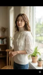 華奢フィット | アイボリー レース シースルー ニット ブラウス | ハイネック ラッフル