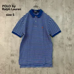 POLO by Ralph Lauren ポロラルフローレン ブルー ポロシャツ 半袖 ボーダー柄 鹿の子 ワンポイント 刺繍 オレンジポニー インド製 トップス コットン カットソー ストリート カジュアル 古着男子 sizeS ★ ■◆