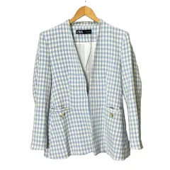 ザラ ZARA 千鳥格子 ジャケット ノーカラージャケット L ブルー ホワイト ■FY レディース