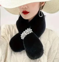 パール装飾 ブラック ファー マフラー