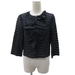 ランバン LANVIN ノーカラージャケット ショート丈 七分袖 フリル シースルー ボーダー柄 38 M 紺 ネイビー 黒 ブラック /NM9 ■GY61のサムネイル
