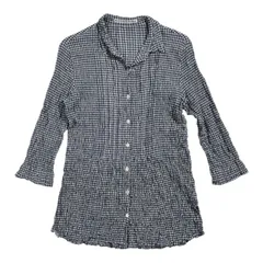 Mademoiselle NON NON マドモアゼルノンノン ギンガムチェック 縮れ生地 七分袖 ストレッチ シャツ 38 M /ネイビー系/パパス/日本製