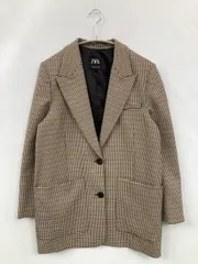 ZARA ザラ テーラードジャケット USA S ブラウン チェック柄 ミドル丈 フードなし シングル