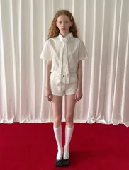 PFF*GIRL シャツ/ブラウス M ホワイト コットン 無地 リボン ショート丈 半袖 ボタンダウン