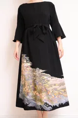 一点物 着物リメイク ワンピース ドレス 黒留袖 正絹 友禅 作家物 落款 風景花文