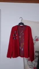 BENETTON レッド 刺繍 オープンタイプ カーディガン