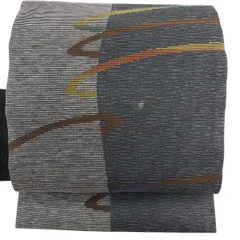 【美品】 名古屋帯 優品 幾何学模様 金糸 青灰色 正絹 【中古】