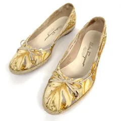 ★美品★Salvatore Ferragamo フェラガモ パンプス 6.5C ボタニカル レオパード ガンチーニ ローヒール リボン
