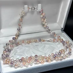極美品✨テリ強 本真珠 パール ネックレス ロング 2連 マルチカラー 6.8-8.2mm 81.5cm