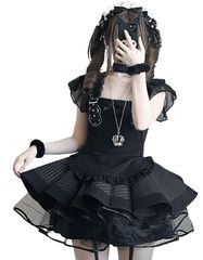 全新 [尚基製造] 執事服 哥德蘿莉 侍女 復古 黑×白 條紋 蘿莉塔 Cosplay 服裝 荷葉邊 蘿莉塔 短袖 套裝 清純 嬌媚 萌系 女性 洋裝 咖啡廳 遊樂園 (黑色 L)