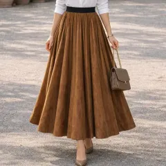 쎄샵 ST218 シャーリング スウェード フレア ロング丈スカート キャメル FREE-1個