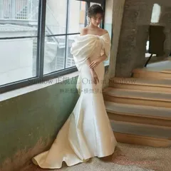 再入荷 ウェディングドレス マーメイド オフショルダー ウェディングドレス 大きいサイズ 3L ウェディングドレス 二次会 袖あり シンプル リボン フォトウェディング