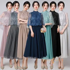 送料無料 ワンピース レディース ドレス パーティードレス ミモレ丈 総柄 Aライン シンプル 裏地付き 花嫁 およばれ 結婚式 謝恩会 発表会 演奏会 同窓会 成人式 二次会 フォーマル