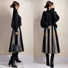 送料無料 セットアップレディース秋冬 未使用 春秋 トップスレディースパフスリーブ 長袖プルオーバー ショート丈 ロングスカート バイカラー Aラインフレア 上下セット 2点SET