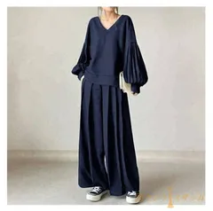 送料無料 セットアップ レディース 2点セット パンツ セットアップ tシャツ トレーナー セットアップ カットソー 春 秋 長袖 キレイめ 上下セット ロング パンツ プリーツパンツ Vネック 無地 着痩せ 大人 カジュアル 美脚 脚長効果