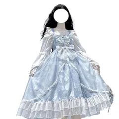 再入荷 【特価】人気商品★ジャンパースカート ２点セット ロリータ ワンピース 宮殿風 女の子 水色 透け感 蝶結び 超可愛い 姫袖 お茶会 お嬢様 レース