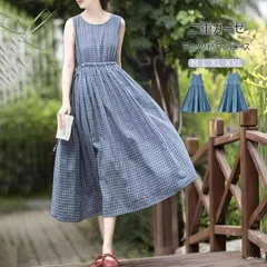 再入荷 チェック柄 即購入OK ワンピース 夏 ノースリーブ レディース 春夏 ロングワンピース チェック ウエスト紐 ノースリーブワンピース ダブルガーゼ マキシ丈ワンピ 綿 コットン 大きいサイズ フレアワンピース ゆったり