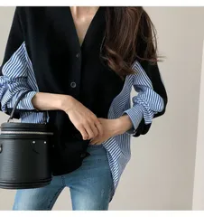 送料無料 ニット カーディガン レディース 異素材 ドッキング 長袖 ストライプ ボリューム袖 長袖 無地 おしゃれ 可愛い 流行 シンプル カジュアル チェック シャツ ブラウス