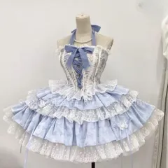 再入荷 人気商品★ゴスロリロリータドレス 水色 クリーム色ロリータセット 仮装　フリル　かわいい 撮影会 舞台 イベント