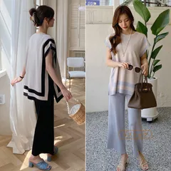 再入荷 サマーニットセットアップ 冷感タッチ薄手上下 セットアップ 通気性 韓国ファッション 無地 ニットパンツ 春夏 20代 30代 40代