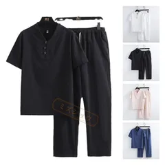 再入荷 セットアップ メンズ 夏 半袖 ジャージ 上下セット ロングパンツ サマー 薄手 部屋着 接触冷感 ひんやり ゆったり トップス Tシャツ ☆