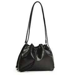 [ALVEIN] 巾着 バッグ 光沢 ミニリュック 2way 軽量 ショルダーバッグ 小さめ レディース 斜め掛け コンパクト メタリック (ブラック) [ブラック]