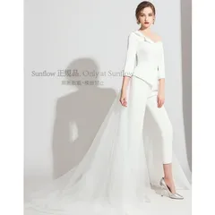 再入荷 一部 ウエディングドレス カラードレス 白 黒 パンツドレス 結婚式 二次会 花嫁 ドレス 大きいサイズ 袖あり 長袖 トレーン 個性的 ワンショルダー