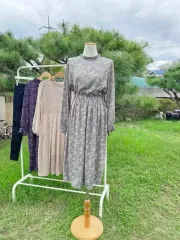 小花フラワー柄 花柄 ハイネック フリル 長袖 ミント 花柄 春 ロング ONE PIECE