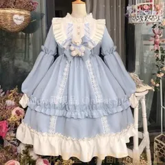 再入荷 人気商品★ロリータ ワンピース 秋冬 ブラウン ブルー ゴスロリ ゴシック ミディアム丈 長袖 姫様風 イベント用 レディース