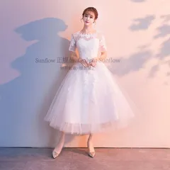 再入荷 ウエディングドレス 袖あり 半袖 ミモレ丈 大きいサイズ 3L 白 ホワイト 刺繍 花 Aライン 透け感 シースルー ラウンドネック フェミニン 韓国