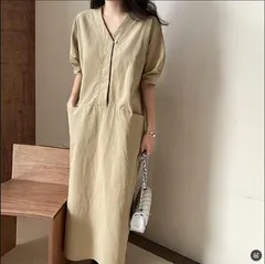 再入荷 ワンピース 半袖 ロング丈 ワンピース Vネック レディース 春 夏 ウエストマーク 綿麻ライク ワンピ ロングワンピース 大きいサイズ 夏 華奢見え シンプル きれいめ 体型カバー オーバーサイズ ゆったり ゆ