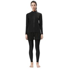 [Brand New] [Sillictor] Women's Rash Guard Swimsuit Set: Long-Sleeve Rash Hoodie + Surf Shorts + Rash Leggings, Overwear Set, Swimwear for Pool, Beach, Water and Land Use, UV Protection, 1161blkblk+1129bl