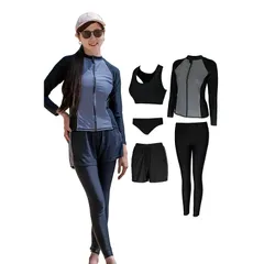 【新品】 [AQXIA] ラッシュガード レディース 5点セット (プロウェイクボーダー推薦) 水着 体型カバー レギンス タンキニ グレー M