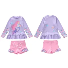 【新品】 [Youngfull] キッズ 女の子 水着 人魚 可愛い セパレート 長袖 ラッシュガード ショートパンツ 2点セット ガールズ スイムウェア UVカット 速乾 保育園用 小学生 水泳 海水浴 海辺 温泉 (130-140cm)
